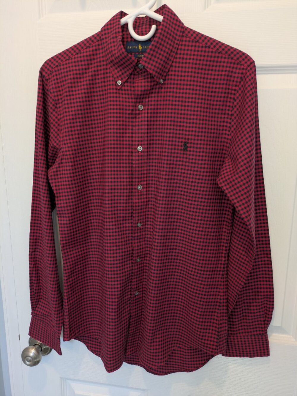 POLO, l/s, button down, red & navy gingham, like new,  Men's S slim-fit